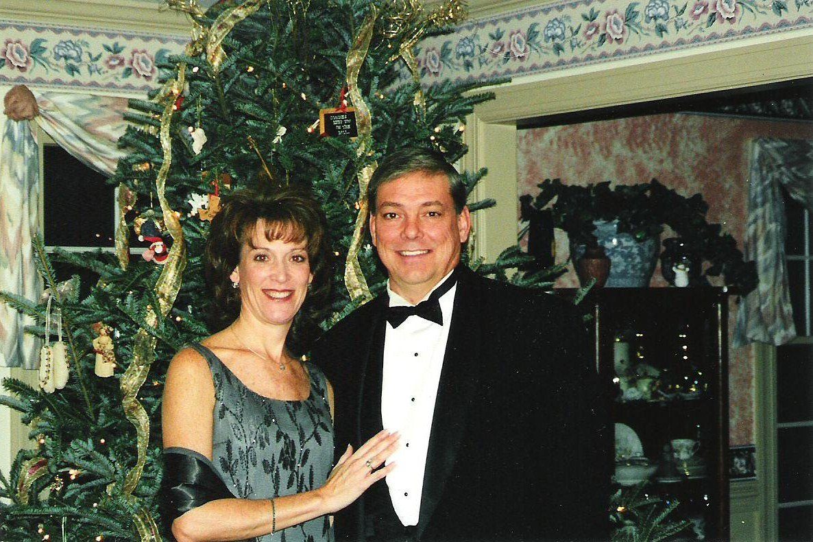 Dave and Kathy Dutton dressed for a holiday evening at home