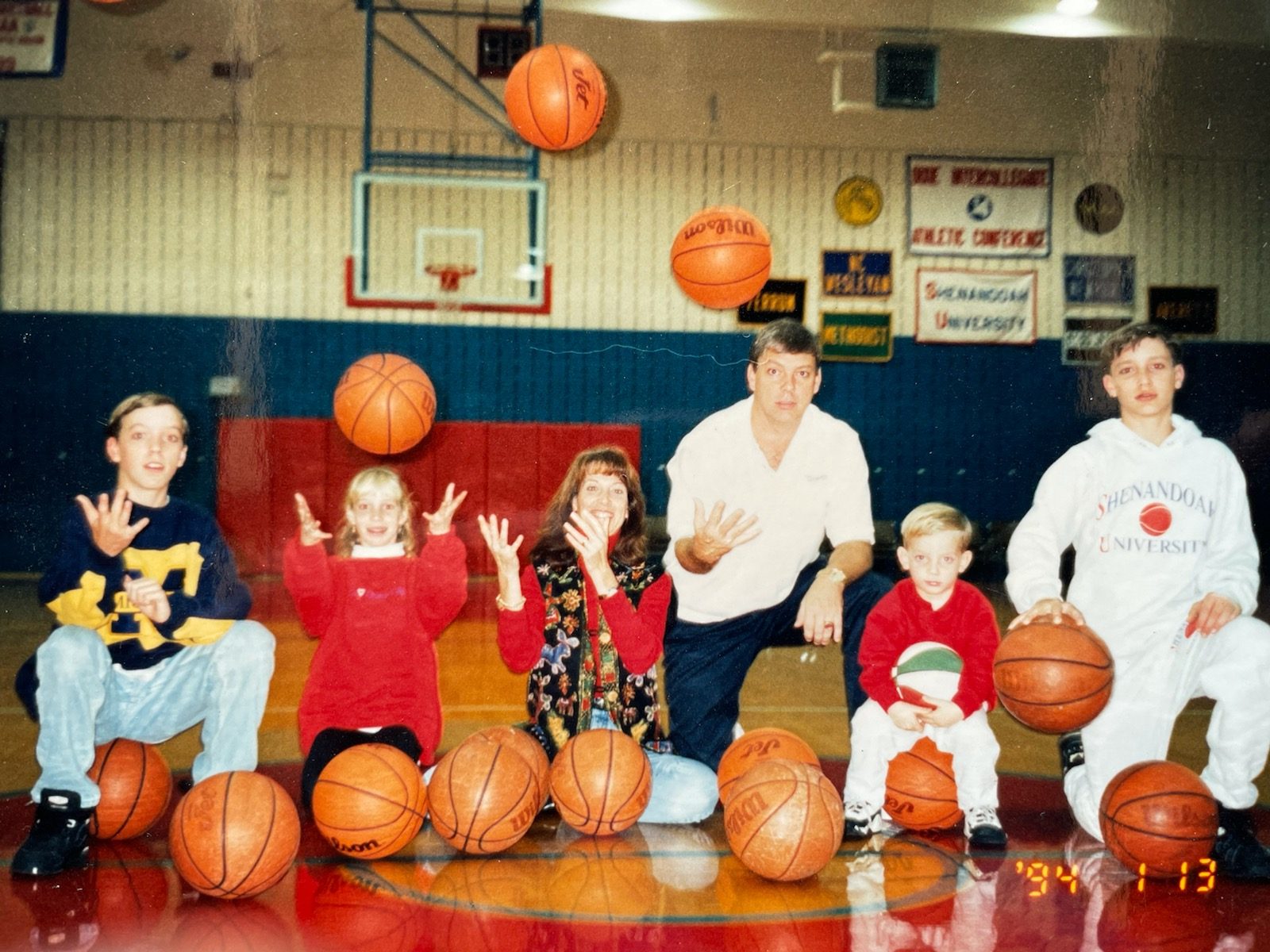 Dave and Kathy Dutton with their four children in the Shenandoah University gym, January 1994